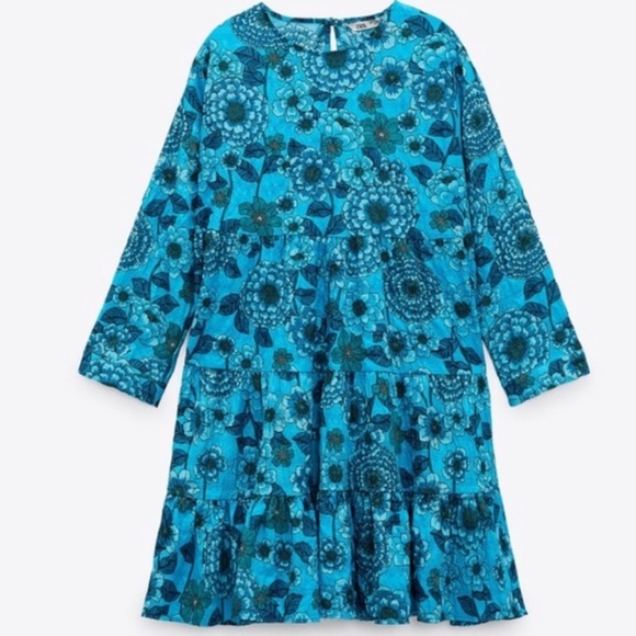 Zara Floral Print Tiered Dress Blue Size Small - Picture 4 of 16